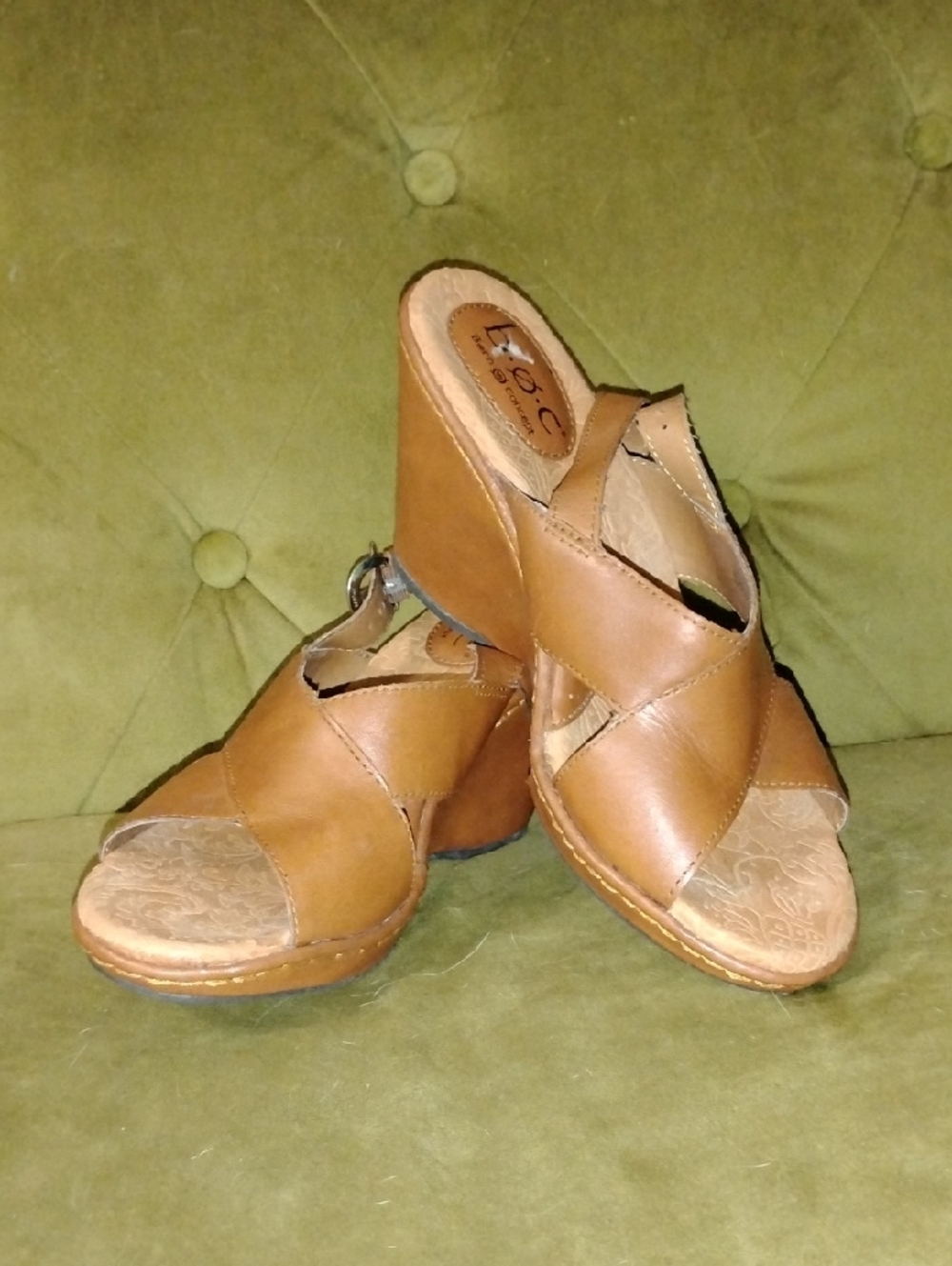 b.o.c. Tan Leather Wedge Sandals with Crossover Straps